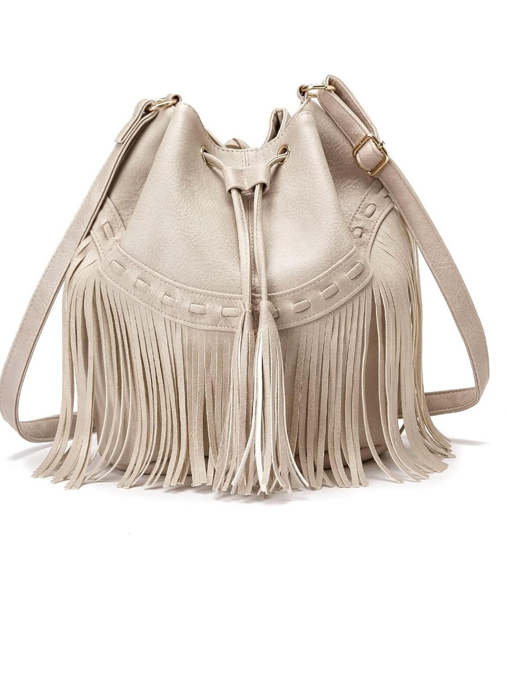 Fringe Drawstring Bucket Bag - Cream